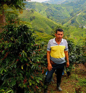 coffee grower standing next to coffee plant